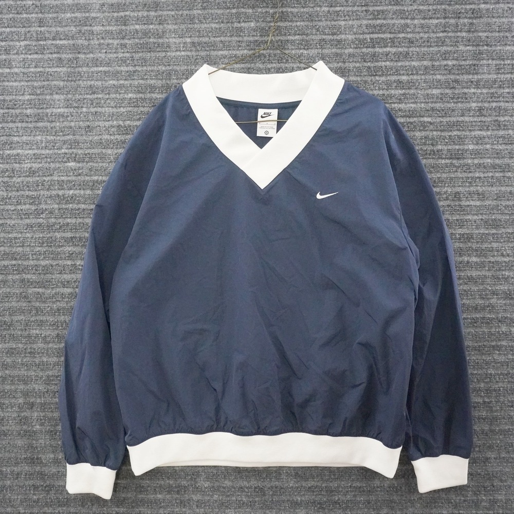 Nike Windbreaker Pullover Men Size M Navy Blue White V-Neck Swoosh Logo